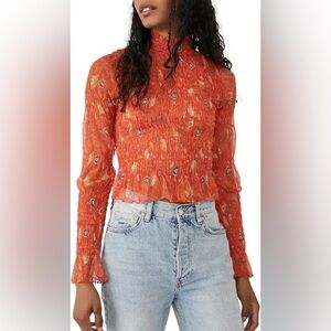 Free People Hello There Top Sheer Floral Coral Large Women’s Cinch